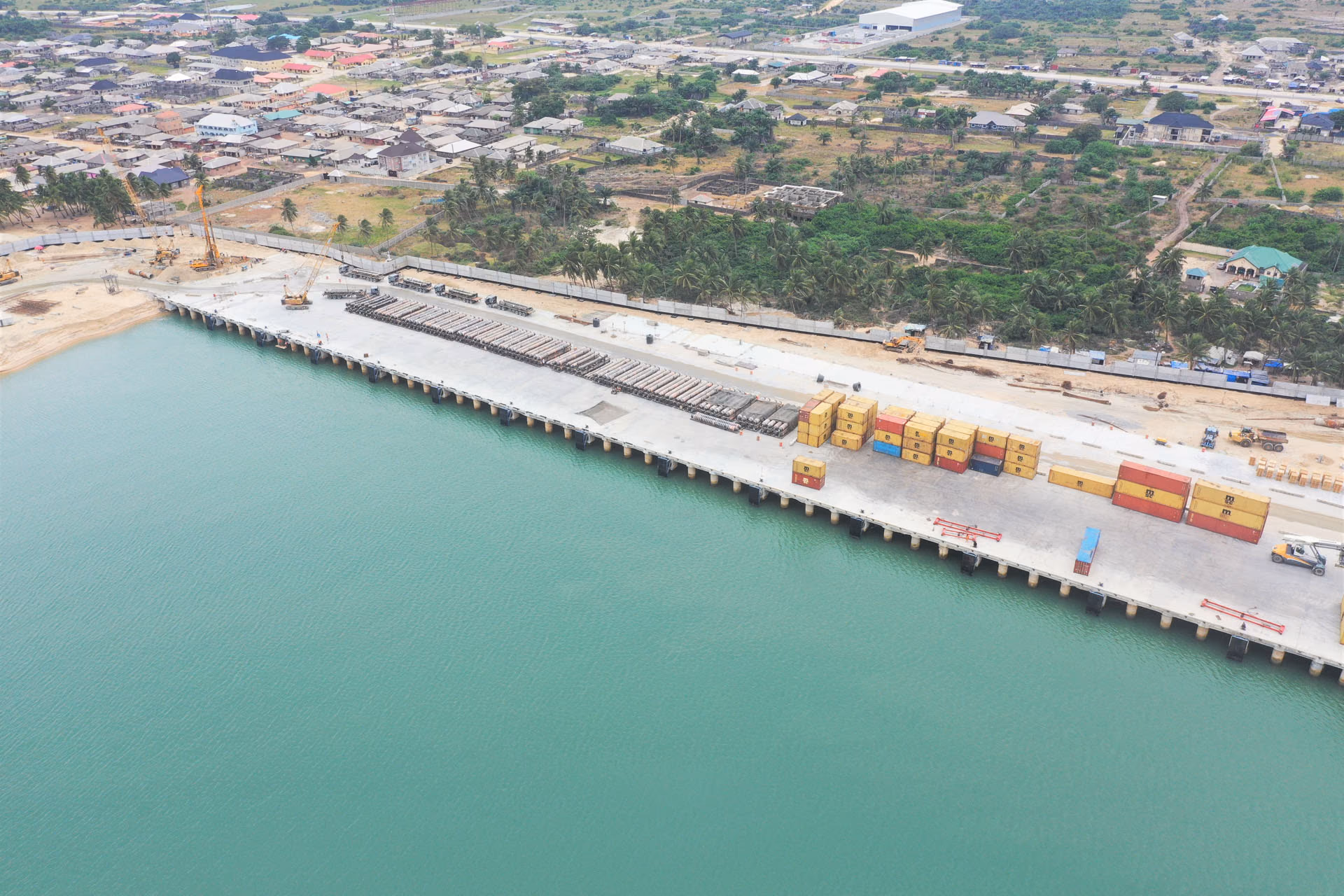 Aerial view of Dangote Quay Lekki Charlie & Delta with containers on the deck