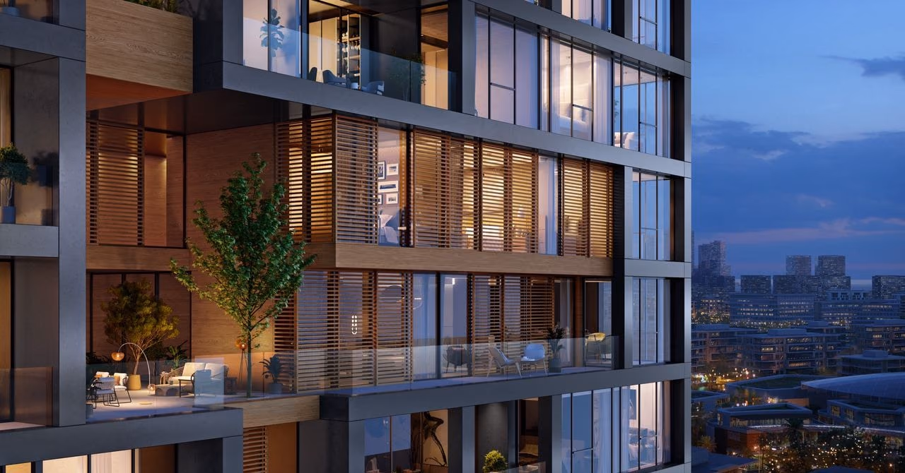 Close view of the tower's terraces and glass balustrades