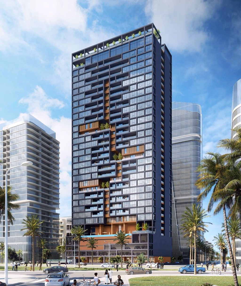 Dark tower with a pattern of recessed, planted balconies