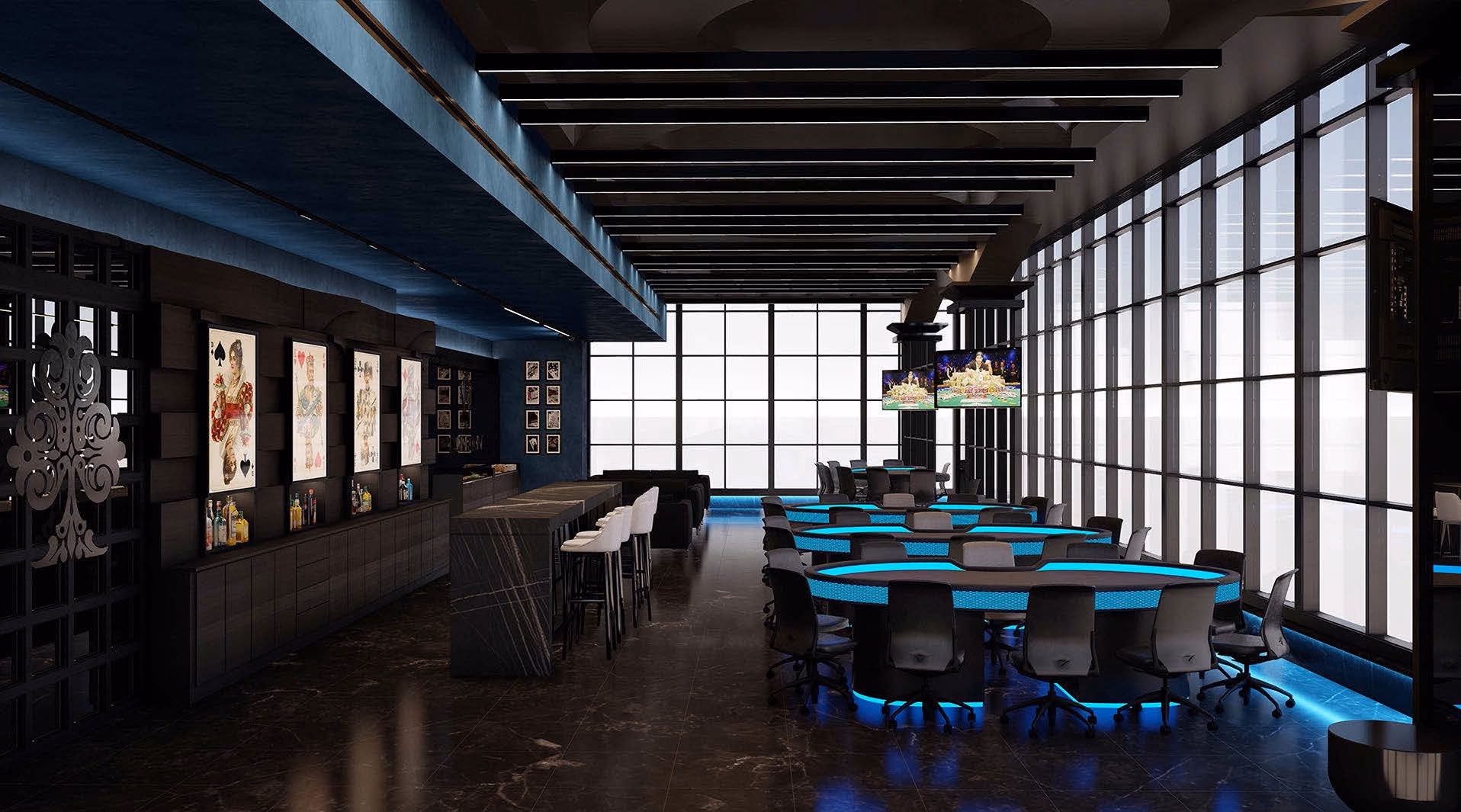 Card room with blue-lit gaming tables beside a glazed wall
