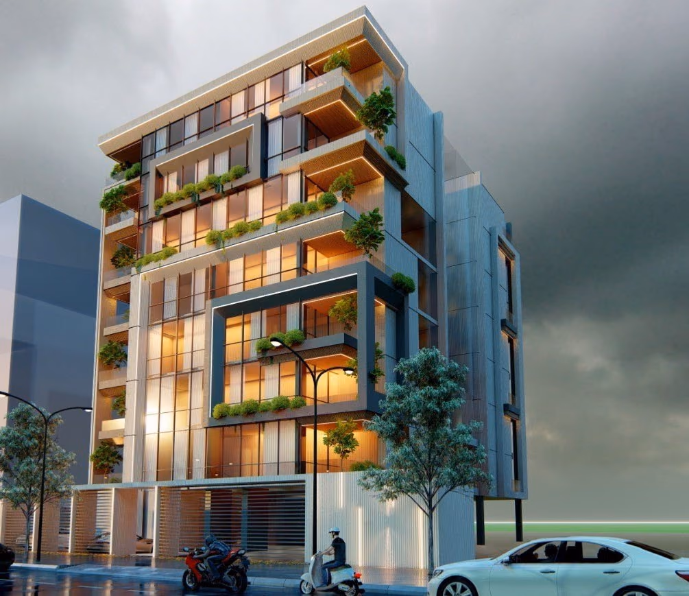 Seven-storey residential building with planted balconies