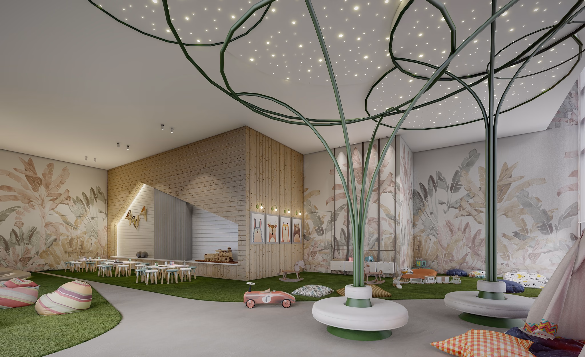 Nursery playroom under sculpted trees and a starry ceiling