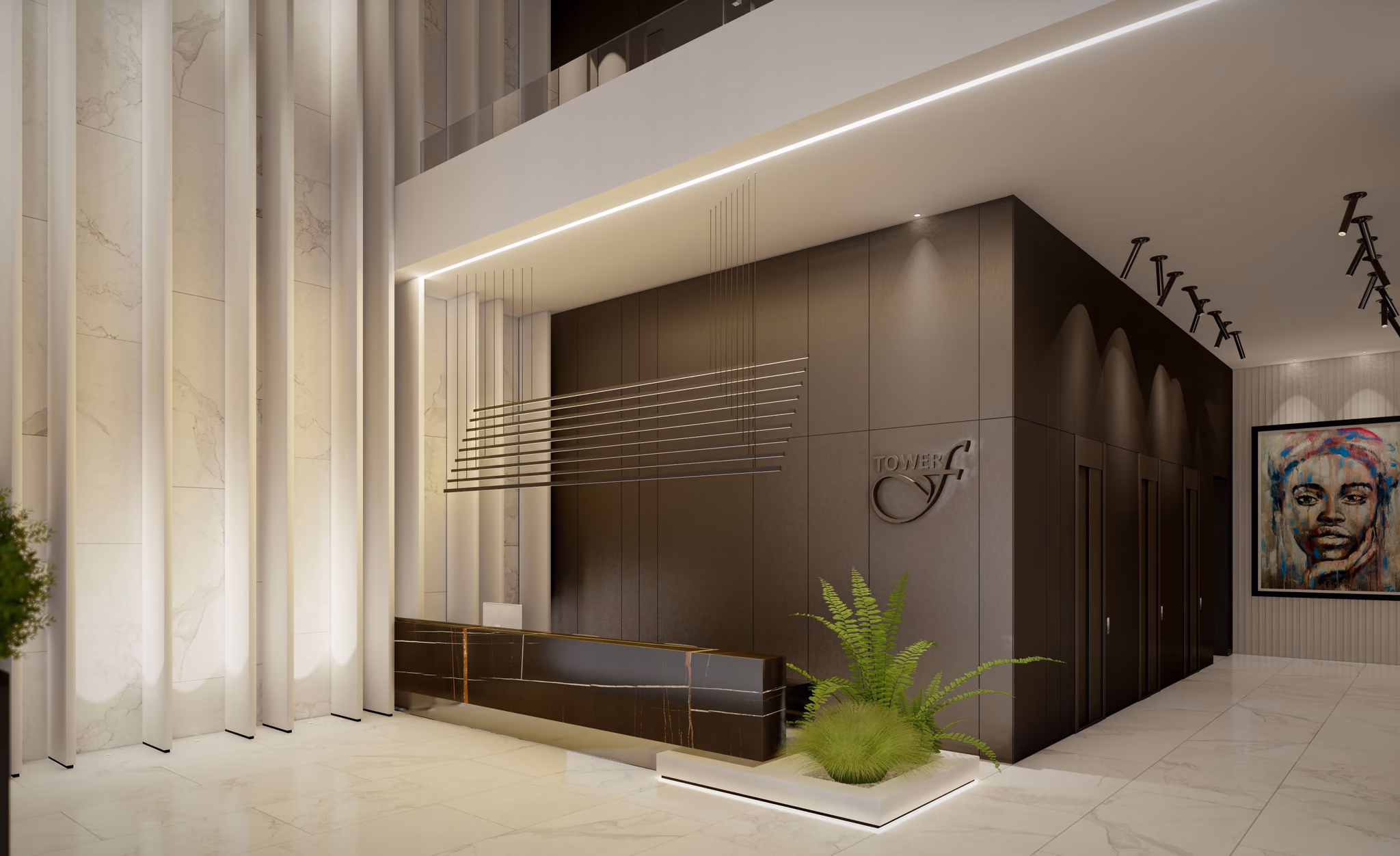 Lobby reception in dark timber, with a portrait on the wall
