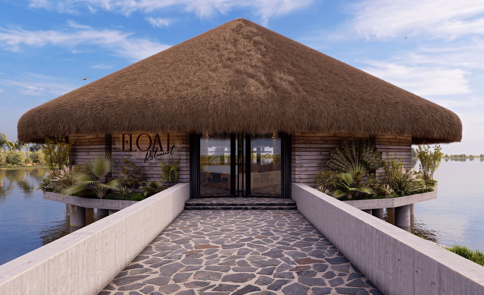 Thatched restaurant on the water, reached by a paved walkway