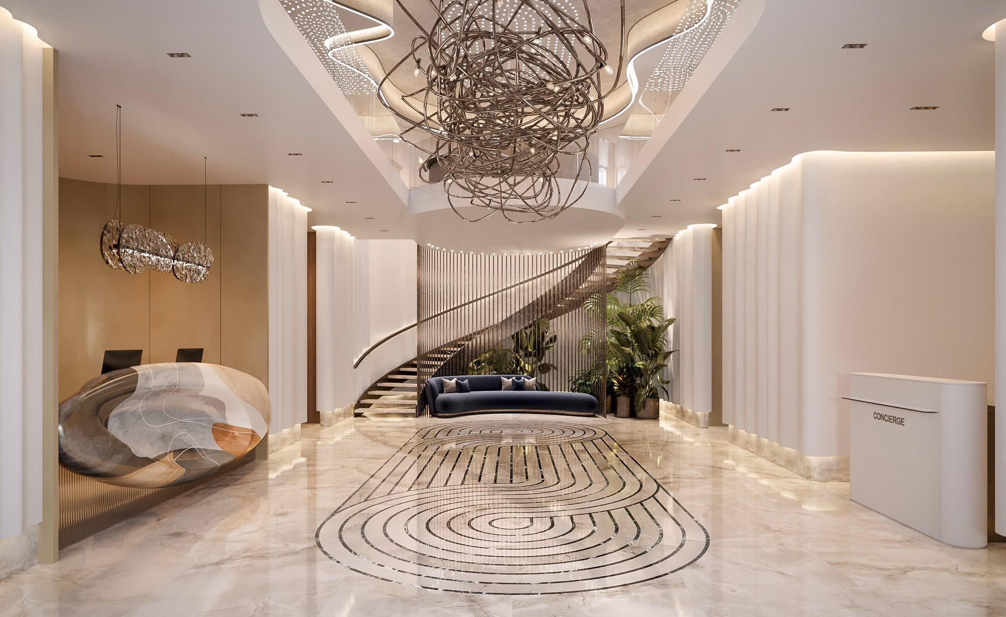 Hotel lobby with a sculpted light over a spiral stair