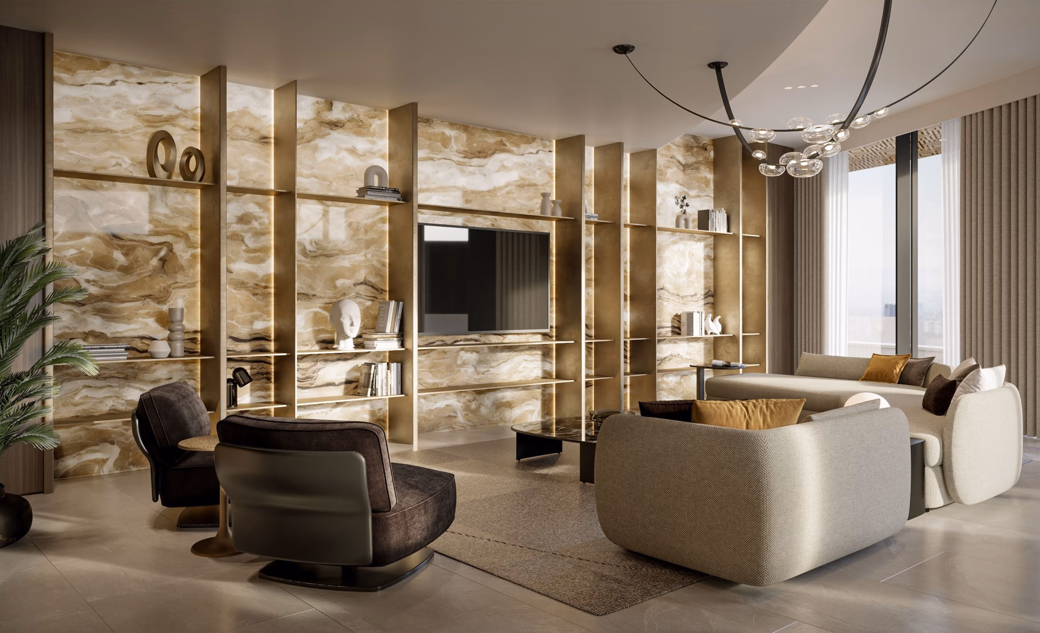 Presidential suite lounge with a veined stone wall and shelving