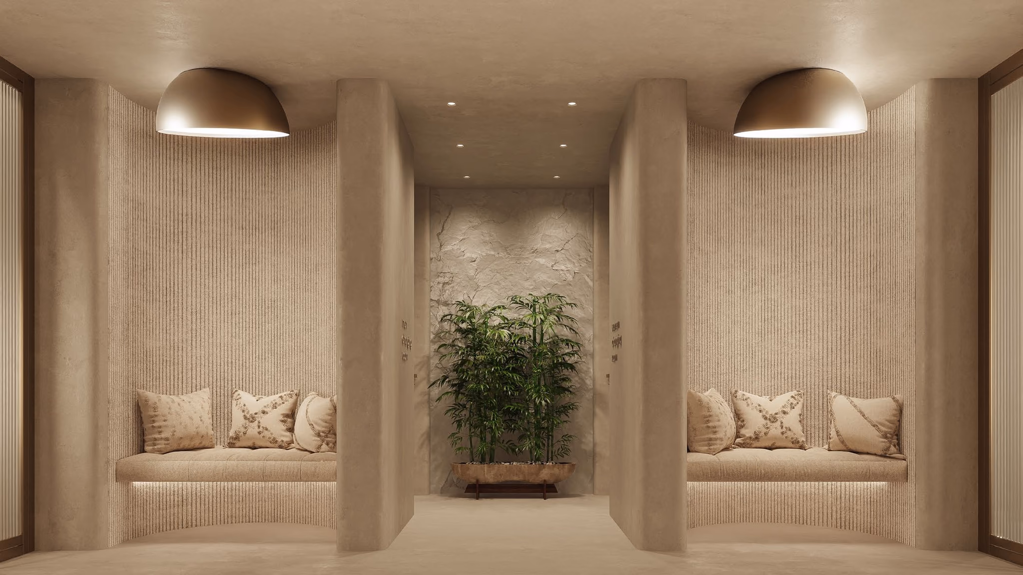 Spa with cushioned alcoves under pendant lights