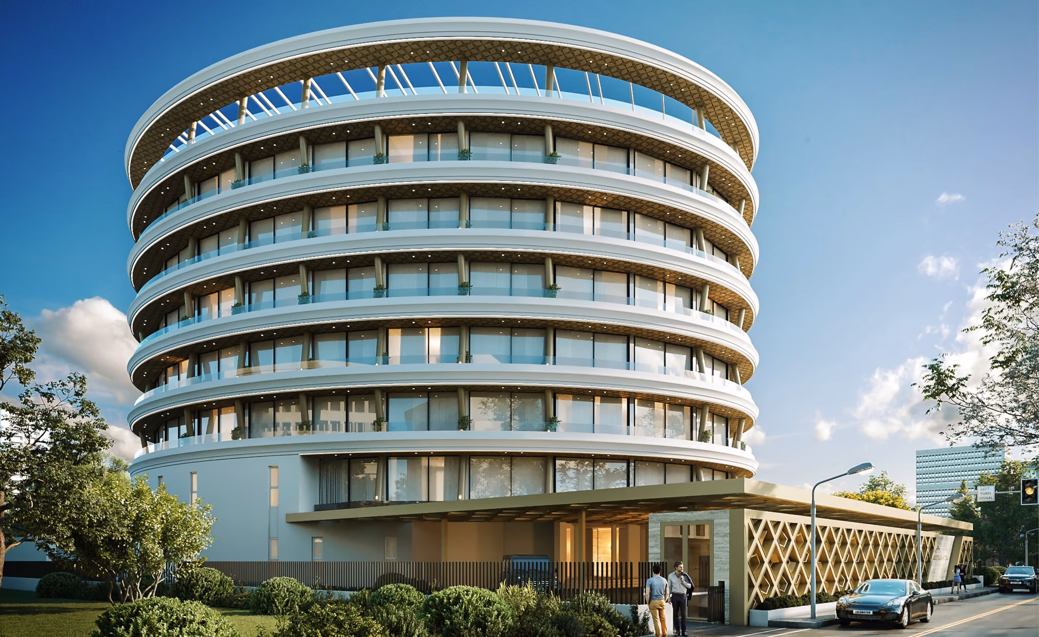A round hotel tower ringed with balconies