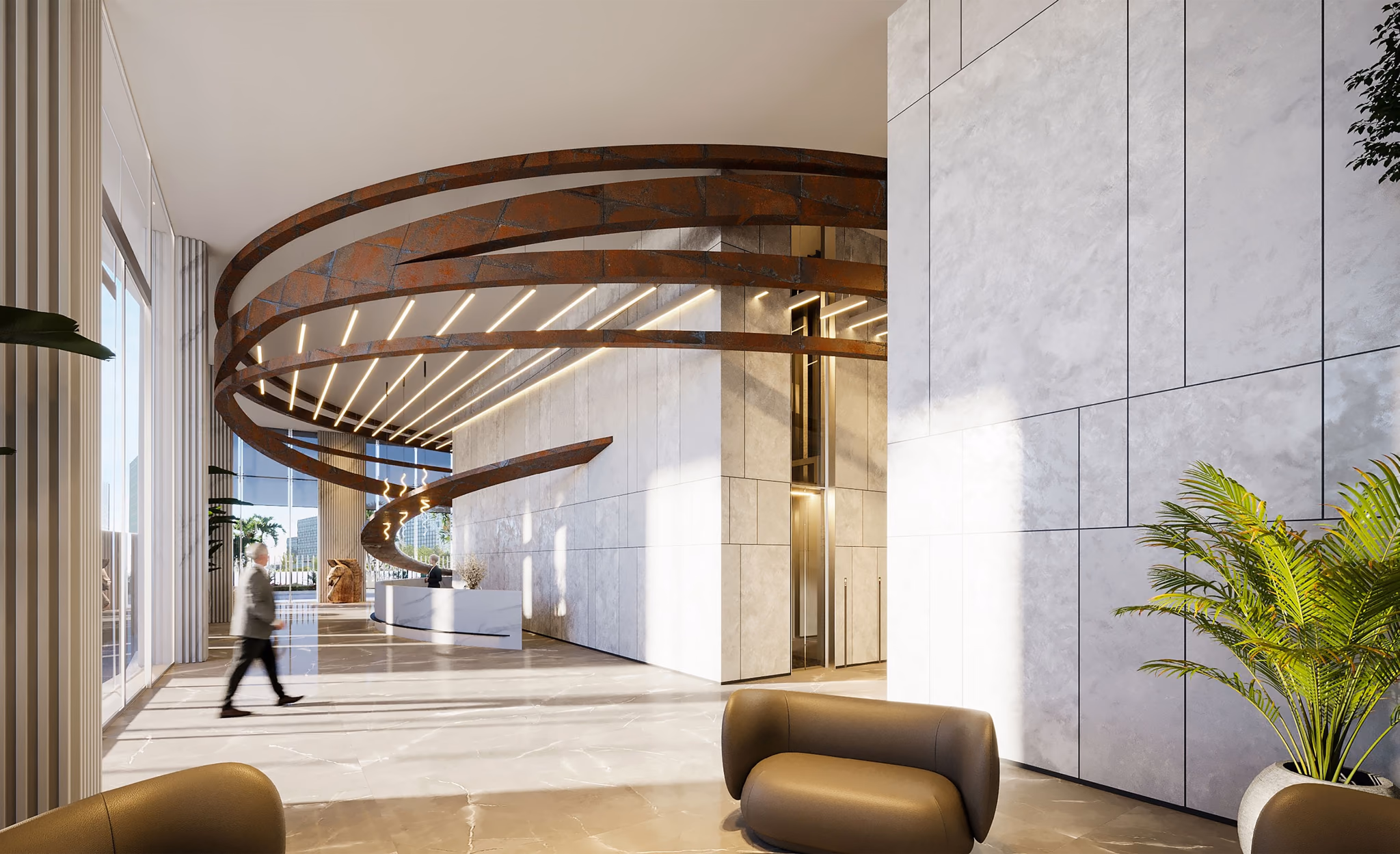 Tower lobby with a curved sculpture overhead