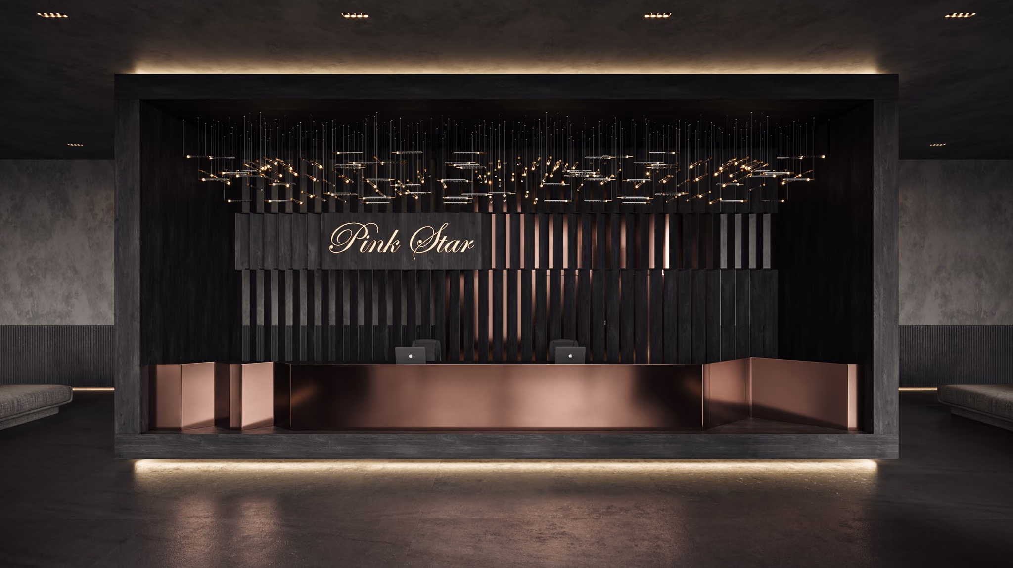 Dark lobby with a reception desk under hanging lights, signed Pink Star