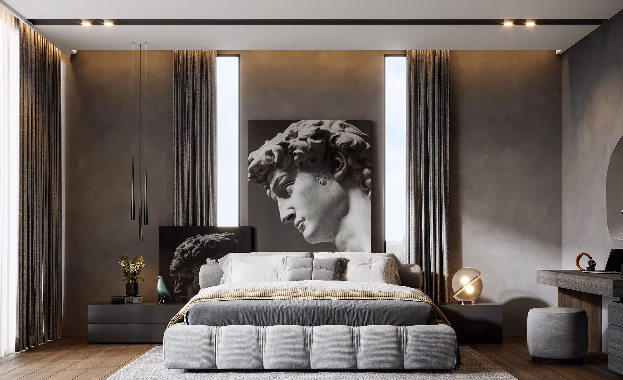 Bedroom with a large classical bust print behind the bed