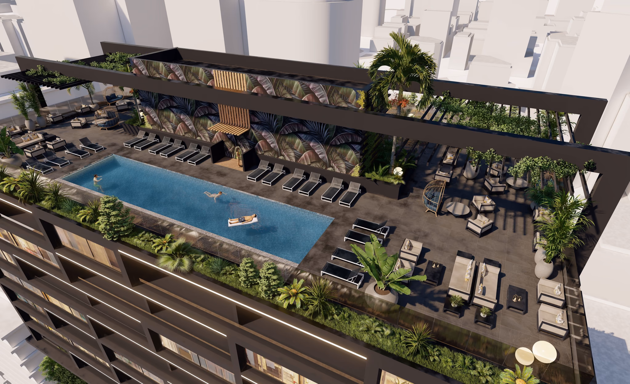 Rooftop pool and loungers framed by planting and a steel pergola