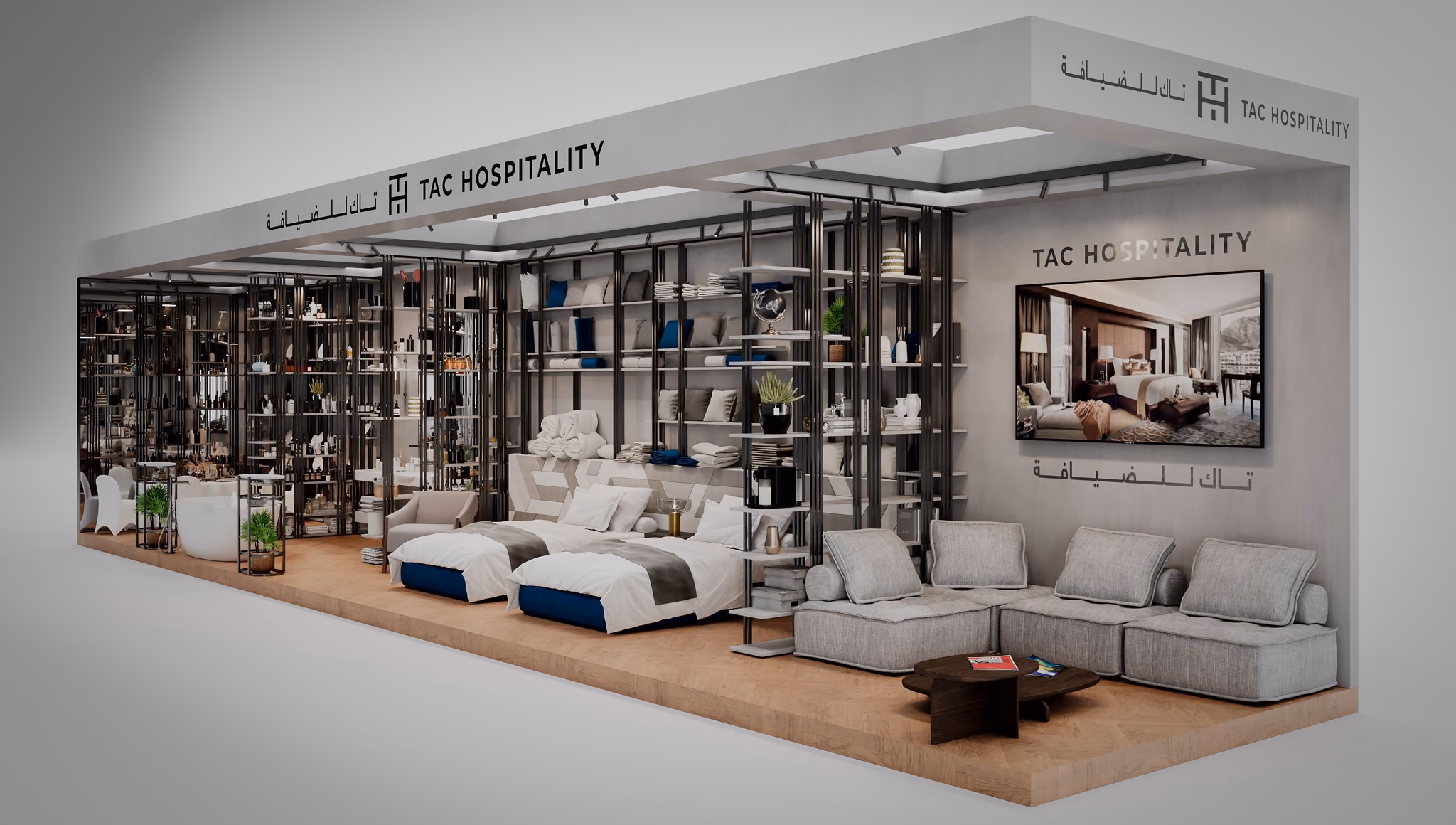Exhibition stand for TAC Hospitality, with shelving and a bedroom set