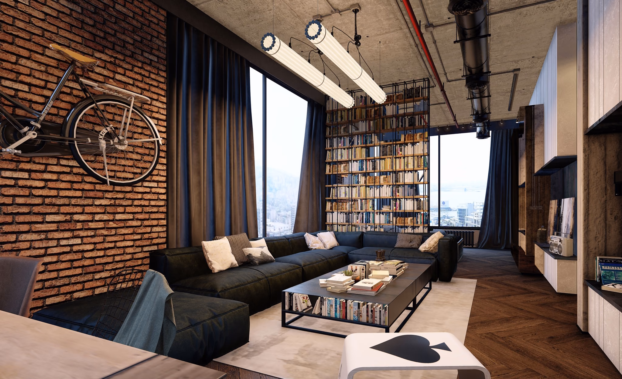 Loft lounge with brick walls, bookshelves and a bicycle on the wall