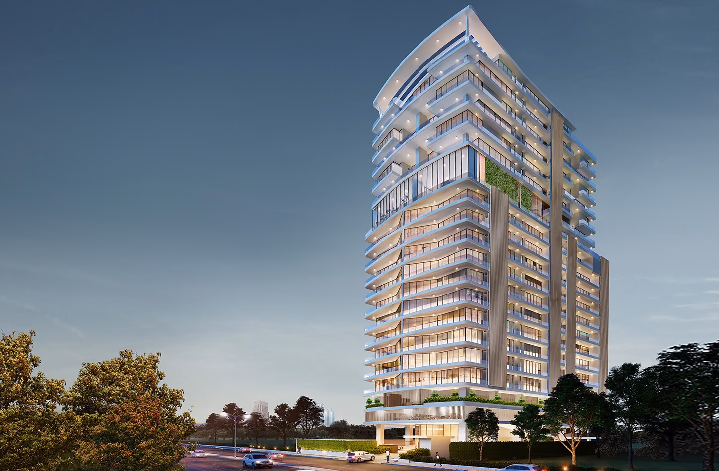 Slim tower with curved balconies, at dusk