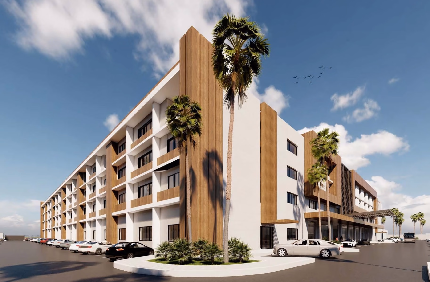 Low building with timber-clad fins and palm trees at the entrance