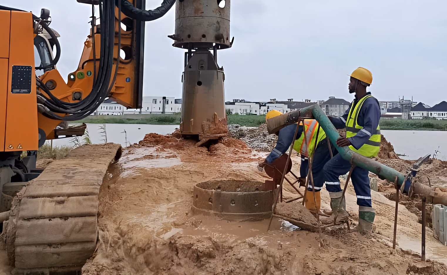 RCF crew at a bored pile beside the lagoon, piling for the Regional Road bridge in Lagos
