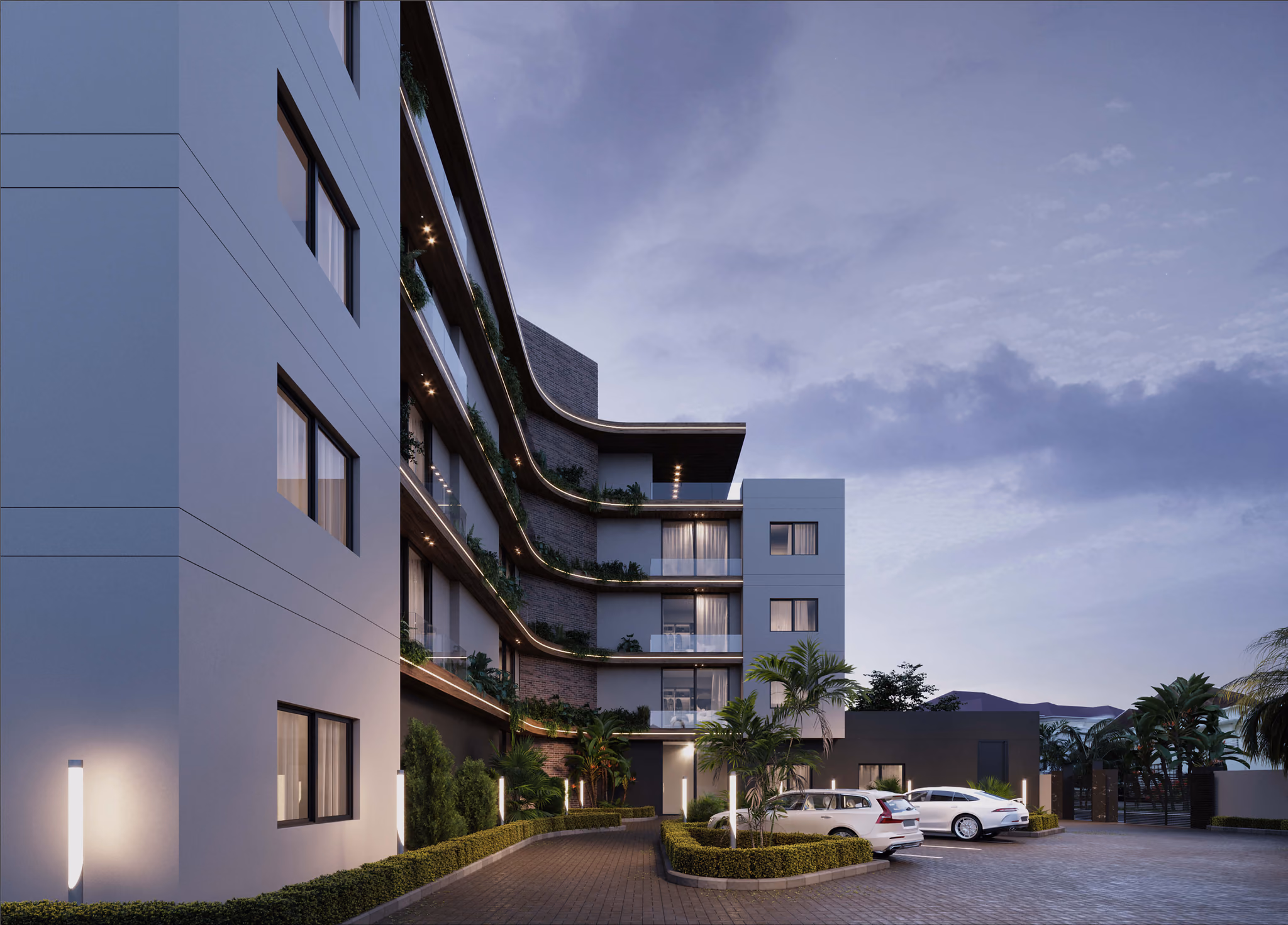 Onikoyi Residential Building at dusk, seen from the entrance court