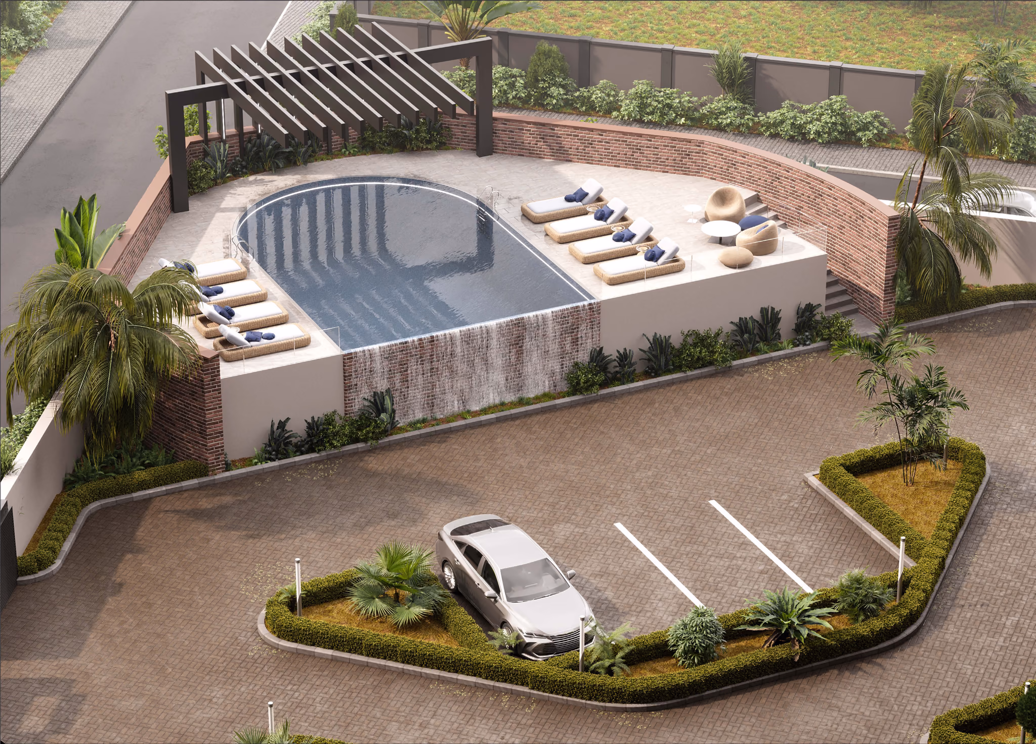 Rooftop pool and pergola above the car park